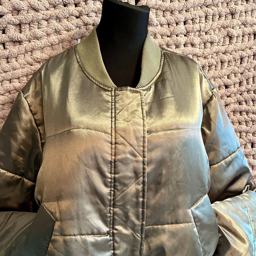 Asos Green Satin Look Woman's Cropped Bomber Jacket Size 14 - Picture 4 of 14